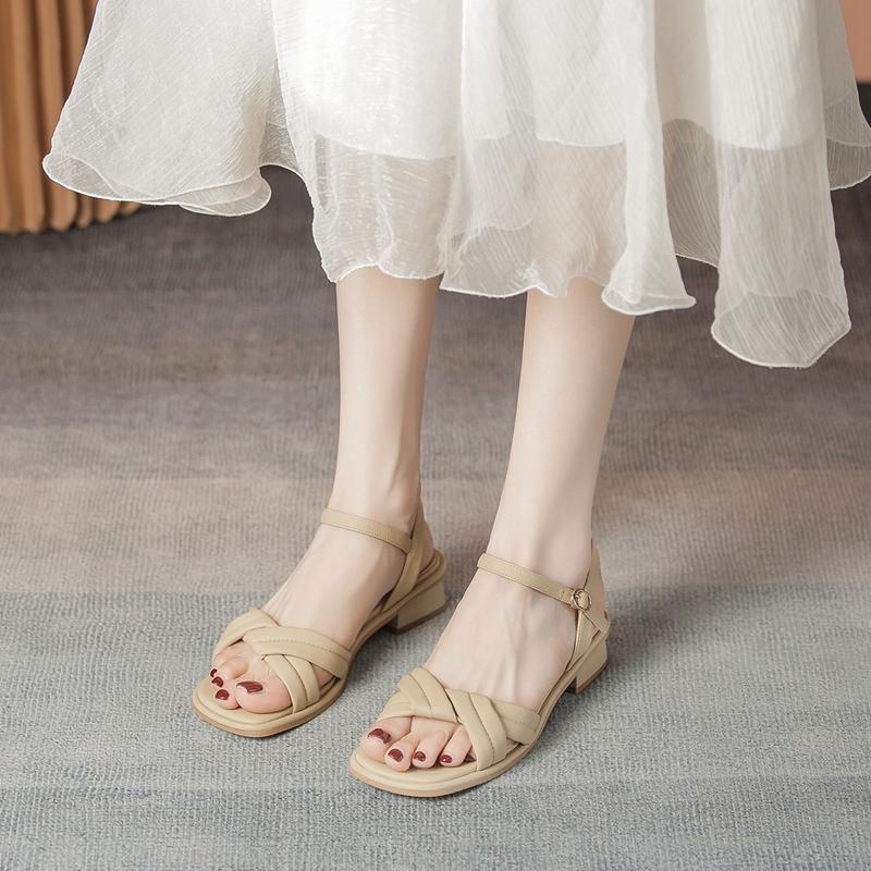 

2026 New Summer Coarse Heel Strap Women s Shoes for Outerwear Versatile Low Heel Matching Skirts High Heels 40 абрикосовий