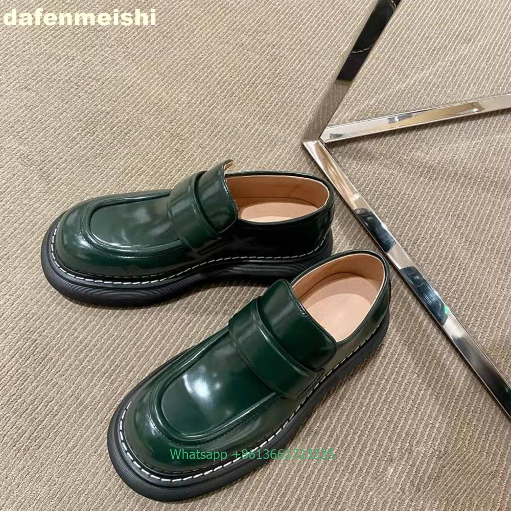2025 Spring New Loafers Women Genuine Leather Heightening Soft Thick-Soled Casual Leather Shoes Round Toe Black/dark Green Shoes