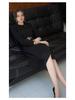 Women's 2024 High-End Black Trench Coat Style Suit Dress with Waist-Cinch & Flared Skirt
