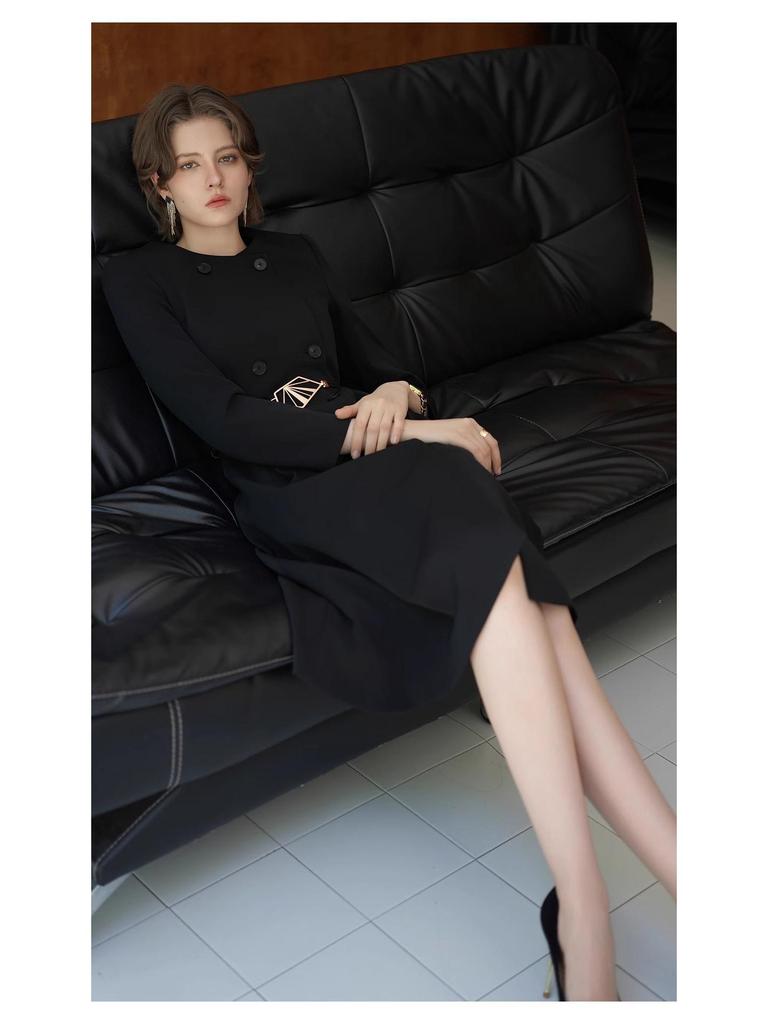 Women's 2024 High-End Black Trench Coat Style Suit Dress with Waist-Cinch & Flared Skirt