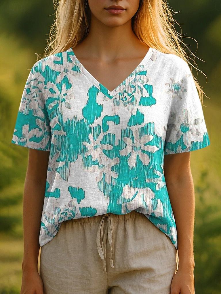 Summer Women's T-Shirt Bohemian Style 3d Print Casual Short-Sleeved V-Neck Loose Women's Clothes