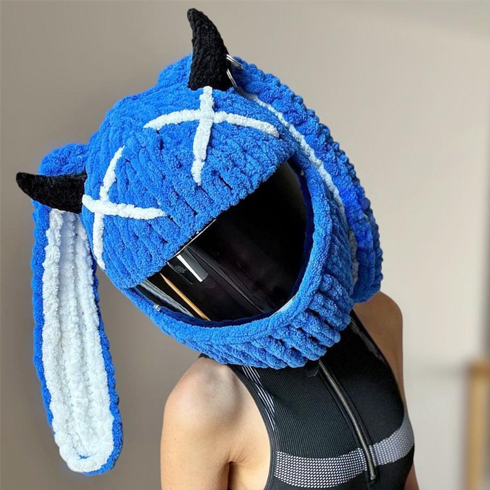 Winter Motorcycle Helmet Headgear Cover Trendy Devil's Horns Creative Cartoon Knitted Motocross Full-Face Protective Helmet Case