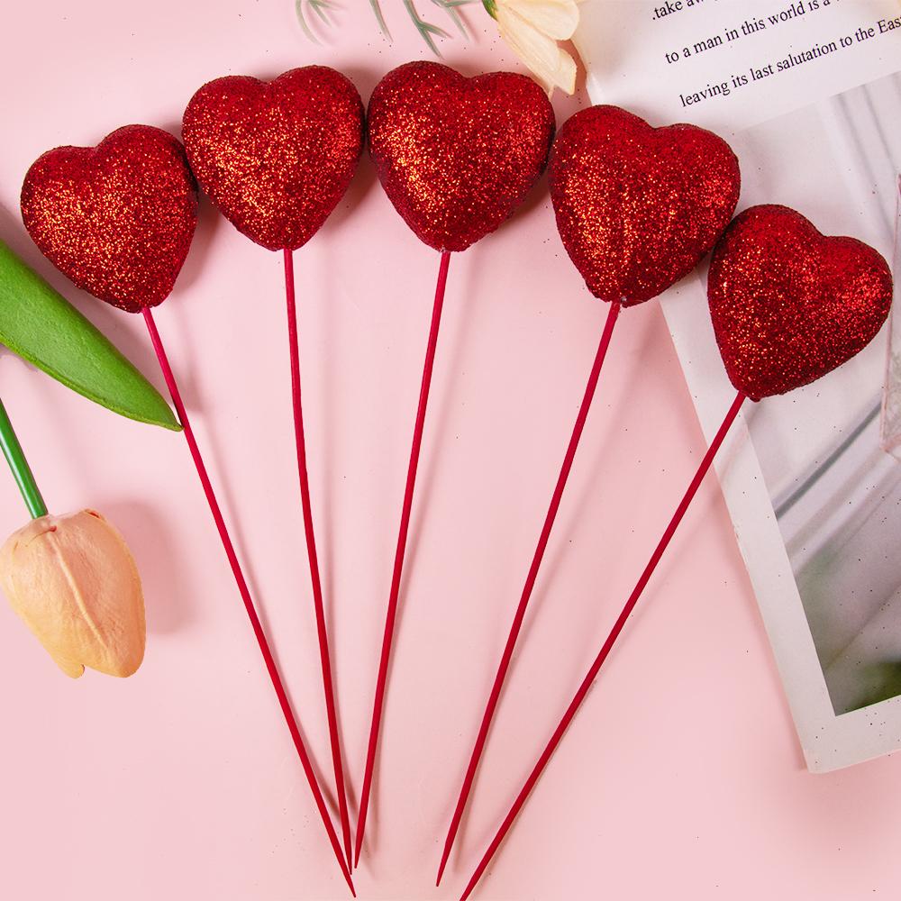 5pcs Valentine‘s Day Glitter Red Pink Foam Heart Picks Stick Wedding Mother's Day Flower Arrangements Floral Bouquet Home Decor