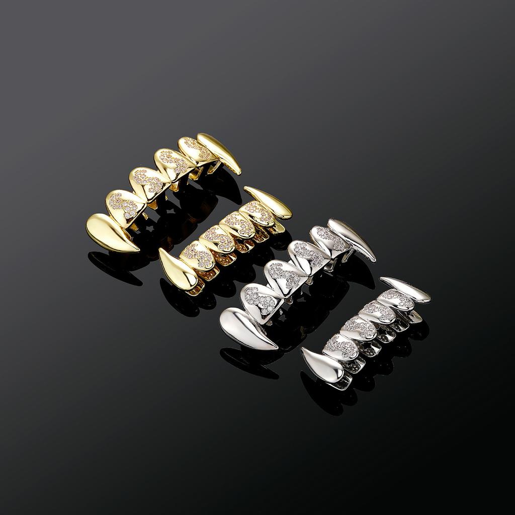Hip Hop CZ Iced Out Full Fang Teeth Grillz With Dollar Symbol Custom Unisex Cosplay Decoration Jewelry