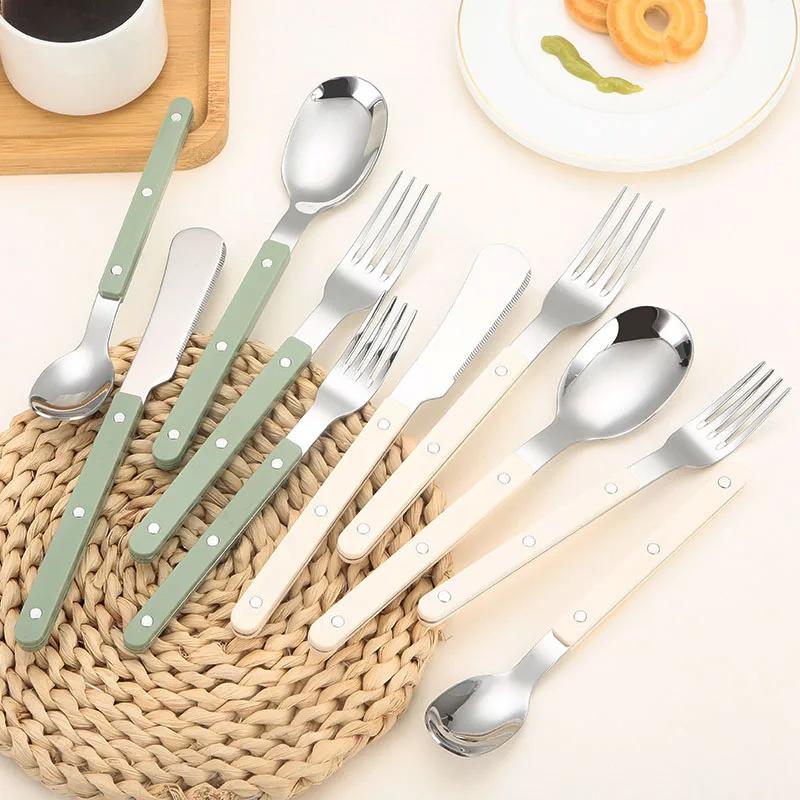 30-teiliges Besteckset Acrylgriff Messer Gabel Set Edelstahl Abendessen Grün Silber Westliches Essgeschirr Heimküchen Besteck