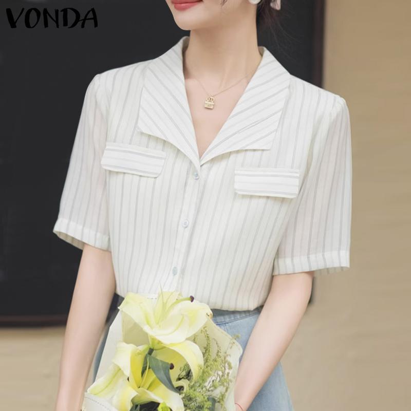 

VONDA Полосатые женские повседневные свободные рубашки с короткими рукавами