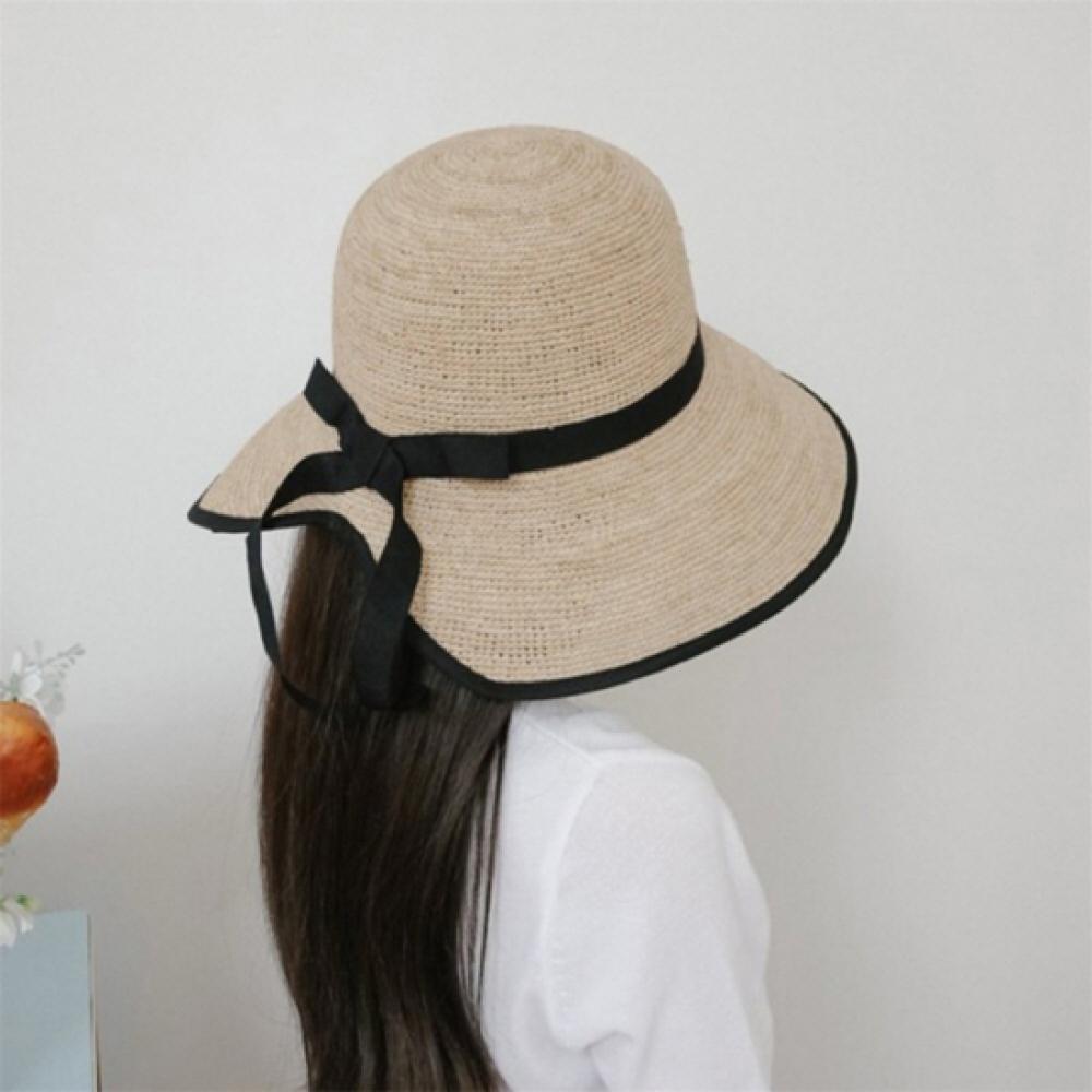 New Arrivals Open Run Women Resort Style Black Ribbon Raffia Bucket Hat