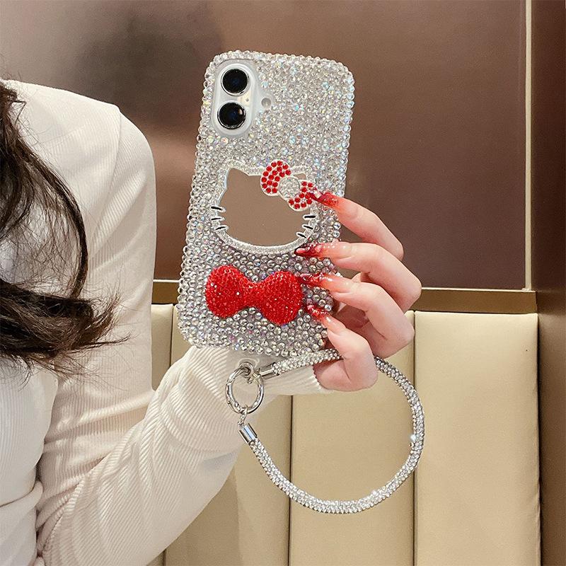 Rhinestone Kt Cat Mirror Premium Sense Mobile Phone Case for Iphone16Promax Bow Tie Apple 17 Lanyard Women's Model