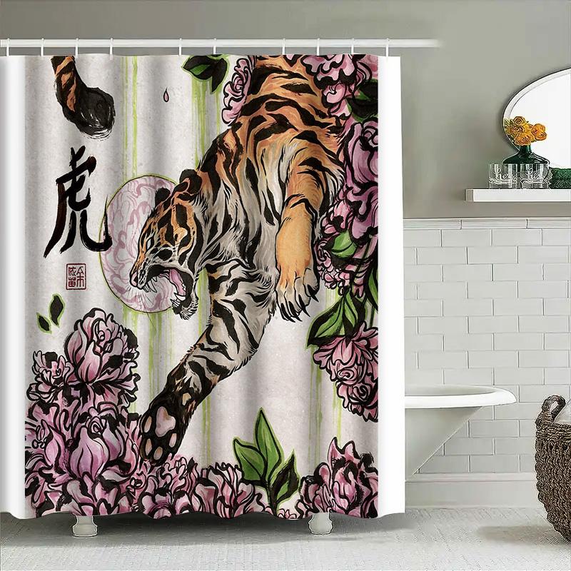 Tiger Floral Shower Curtain Wild Animal Nature Botanical Forest Bathroom Decor Vintage Artistic Home Decor Washable Waterproof