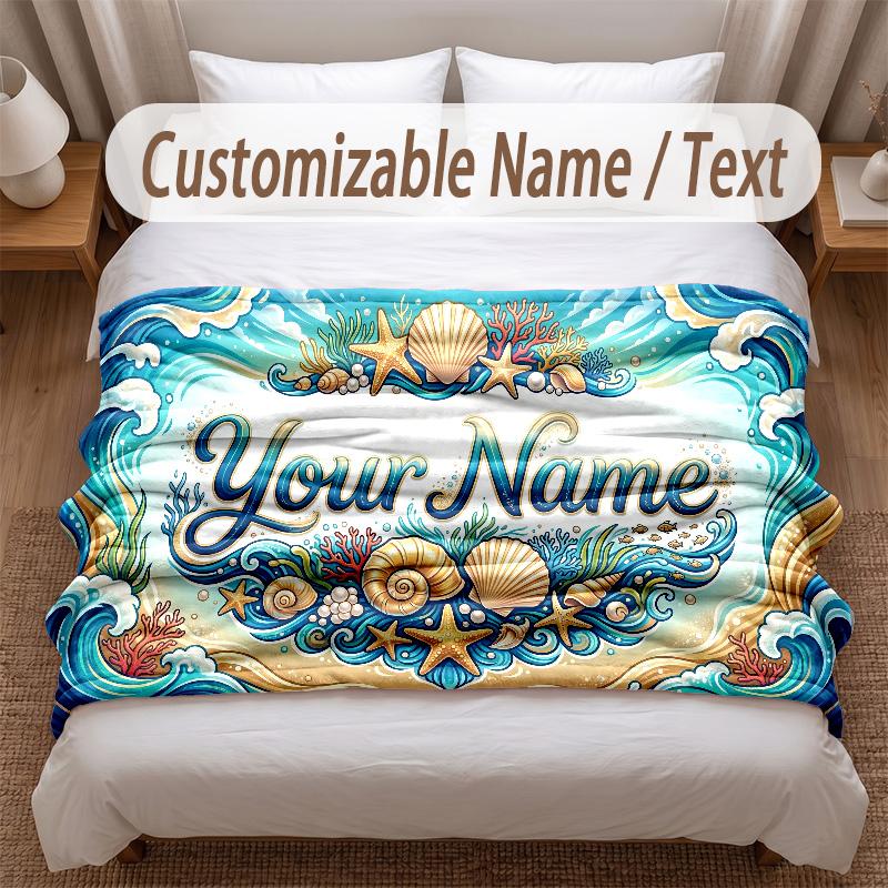 Fish Ocean Theme Soft Blanket Personalized Custom Name Text Print Warm Blanket Home Sofa Bedroom Decor