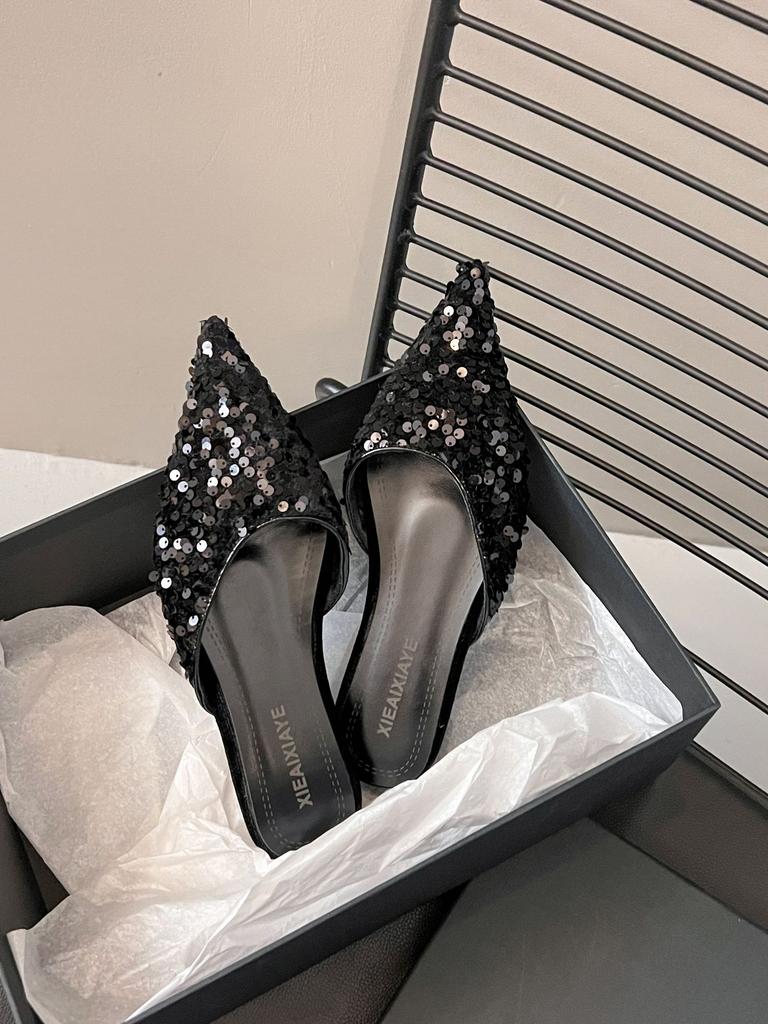 Baotou Slippers Women's 2025 Spring and Summer New Outer Wear Sandals Pointed Sequins Flat-bottomed Lazy Half Slippers