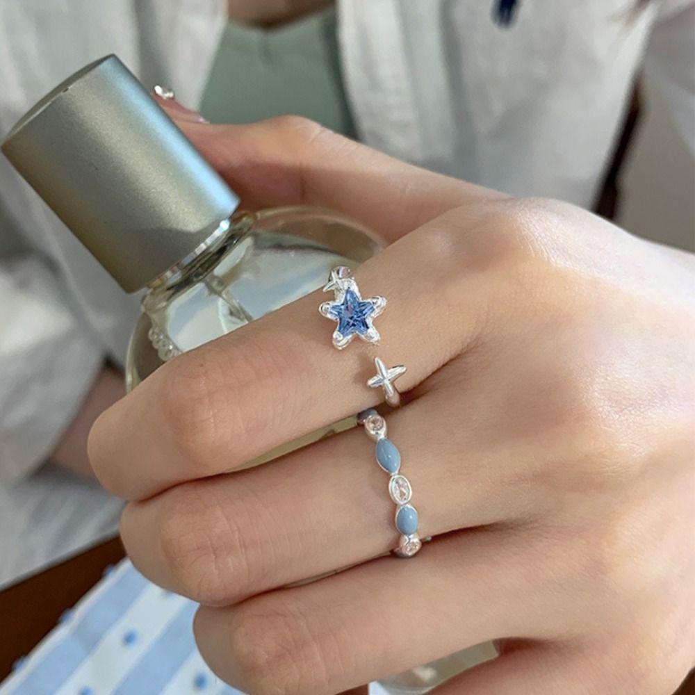 Sweet and Cool Blue Flower Rings Adjustable Geometric Fine Silver Rings Party Birthday Gift Women Jewelry Water Drop Open Ring