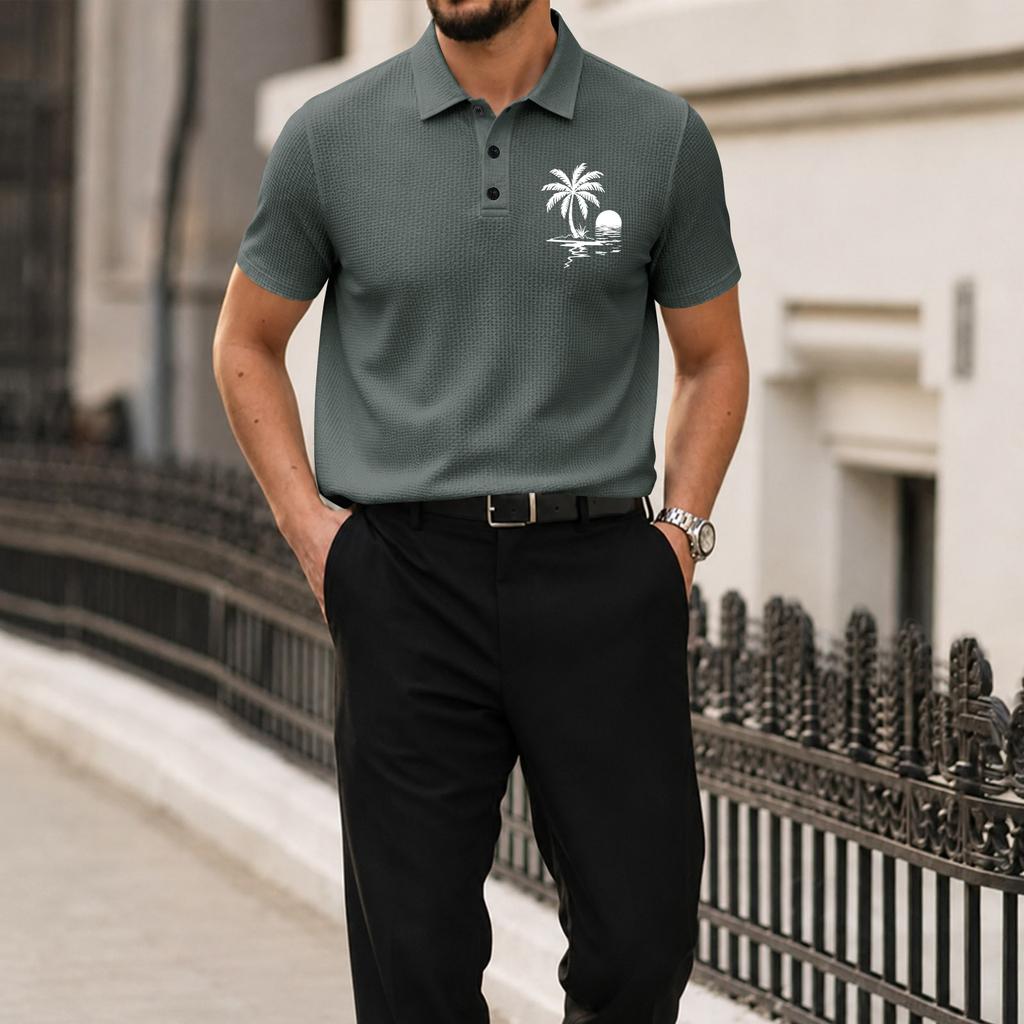 Men Short Sleeve Polo Shirt with Turn Down Collar and Printed Pattern Lightweight Breathable Casual Summer Top
