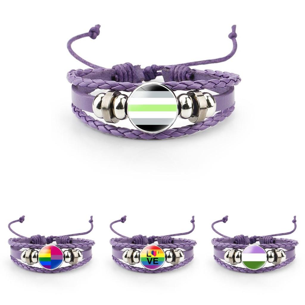Unique Purple Leather Bracelet With Rainbow Flag Time Gemstone For Men And Women