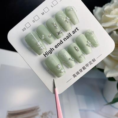 HANDMADE Artificial Nail Chinese Cheongsam Buttoned Flower Green Phototherapy Nails Fake Nails Reusable and Removable Nails