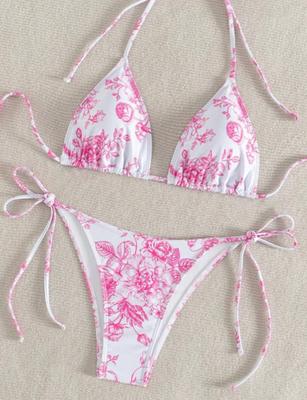 Set de bikini florale pentru femei, 2 bucăți cupa triunghiulară