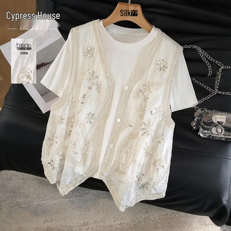 Women s Retro Embroidered Sequin V-Neck Vest One Size