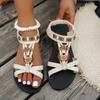 Bohemian Flat Bottomed Women's Sandals, Round Headed Beaded Flower Beach Shoes Summer Fashionable Breathable Casual Women's Sandals