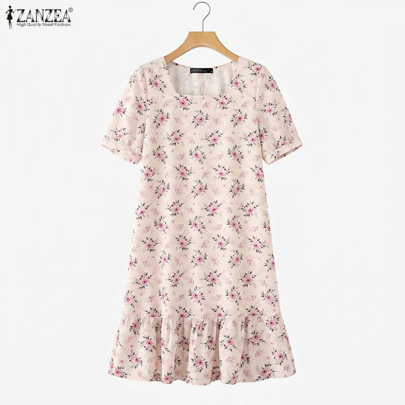 ZANZEA Women Elegant Floral Print Casual Square Collar Summer Short Sleeve Dress
