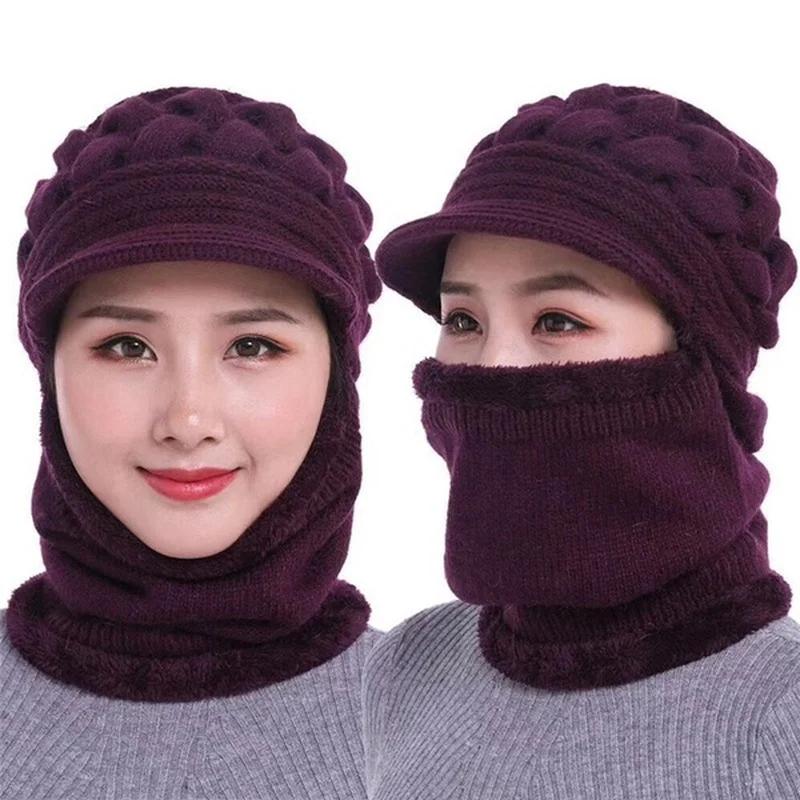 Thicken Warm and Windproof Riding Hat Knitted Scarf Ladies Winter Woolen Hat Plus Fleece Warm Knitted Hat Scarf Set