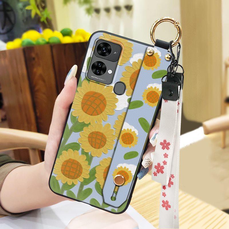 Oil Painting Phone Holder Phone Case For Oukitel C33 Back Cover Anti-dust Protective Anti-knock Lanyard Silicone Flower