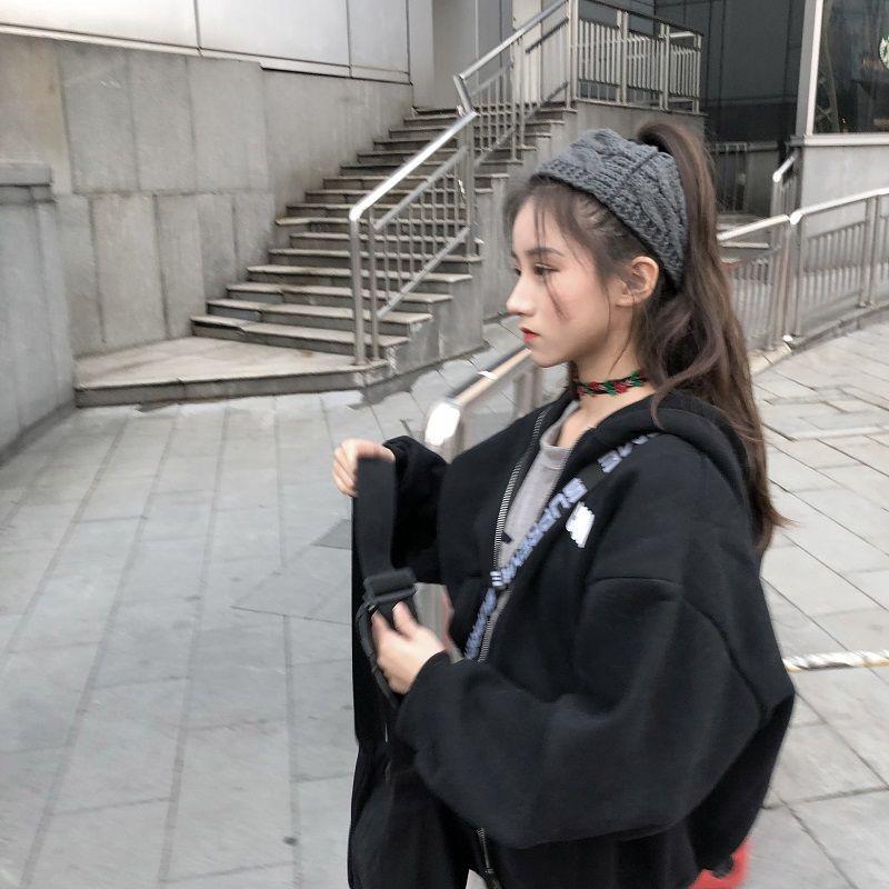 2022 Autumn/Winter Women's Korean Style Letter Print Fleece Zip-Up Hooded Cardigan