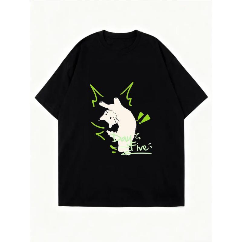 Weißes Oversized T-Shirt mit grünem Katze- und Day Five-Aufdruck für Freizeitkleidung