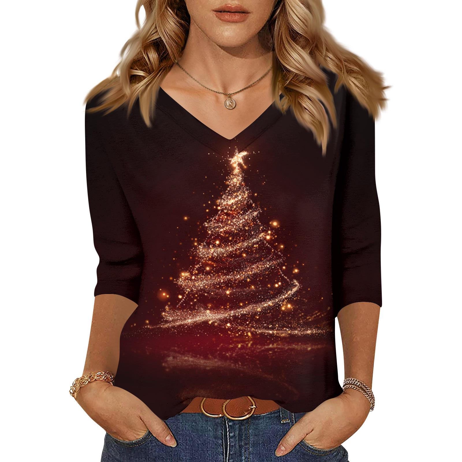 

Женские топы Рубашка с рукавом три четверти V-образный вырез Свободная повседневная рубашка Футболка с принтом XL