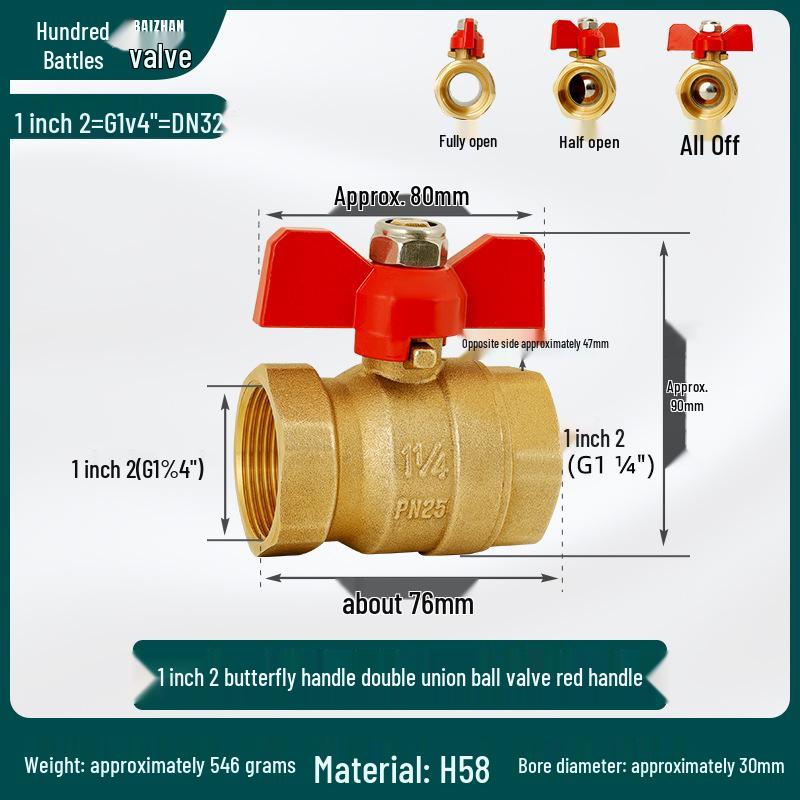 All-Copper Double Internal Thread Ball Valve for Water Heaters, Hot/Cold Tap, DN25, 4/6-Point, Straight Through, Thickened.