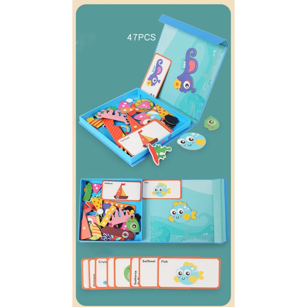 Wooden Jigsaw Magnetic Blocks Puzzle Book Board with Cards Face Change Clothing Change Marine Life Kids 3D Puzzle Toys Gifts