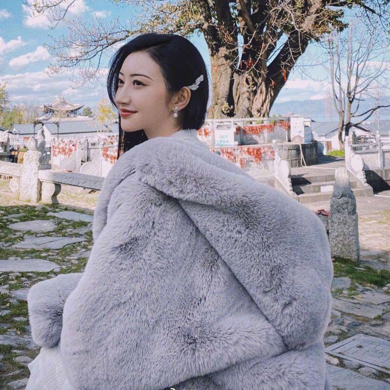 Loose plush imitation fur jacket women's light winter cute hoodie coat imitation Rex rabbit medium and long
