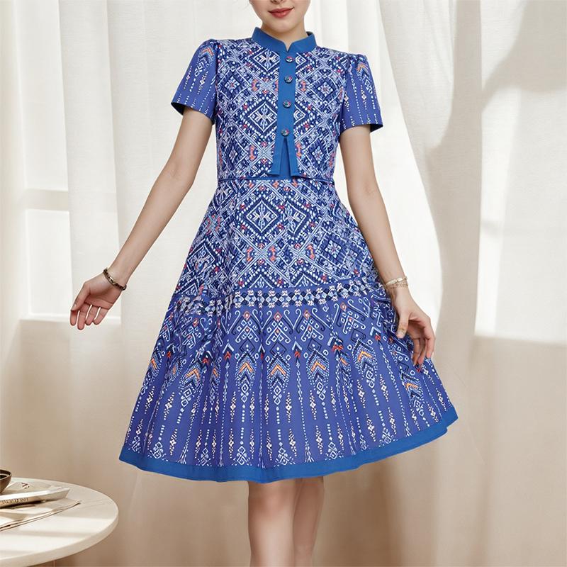 ZANZEA Women Casual Stand Neck Summer Short Sleeve Print Dress