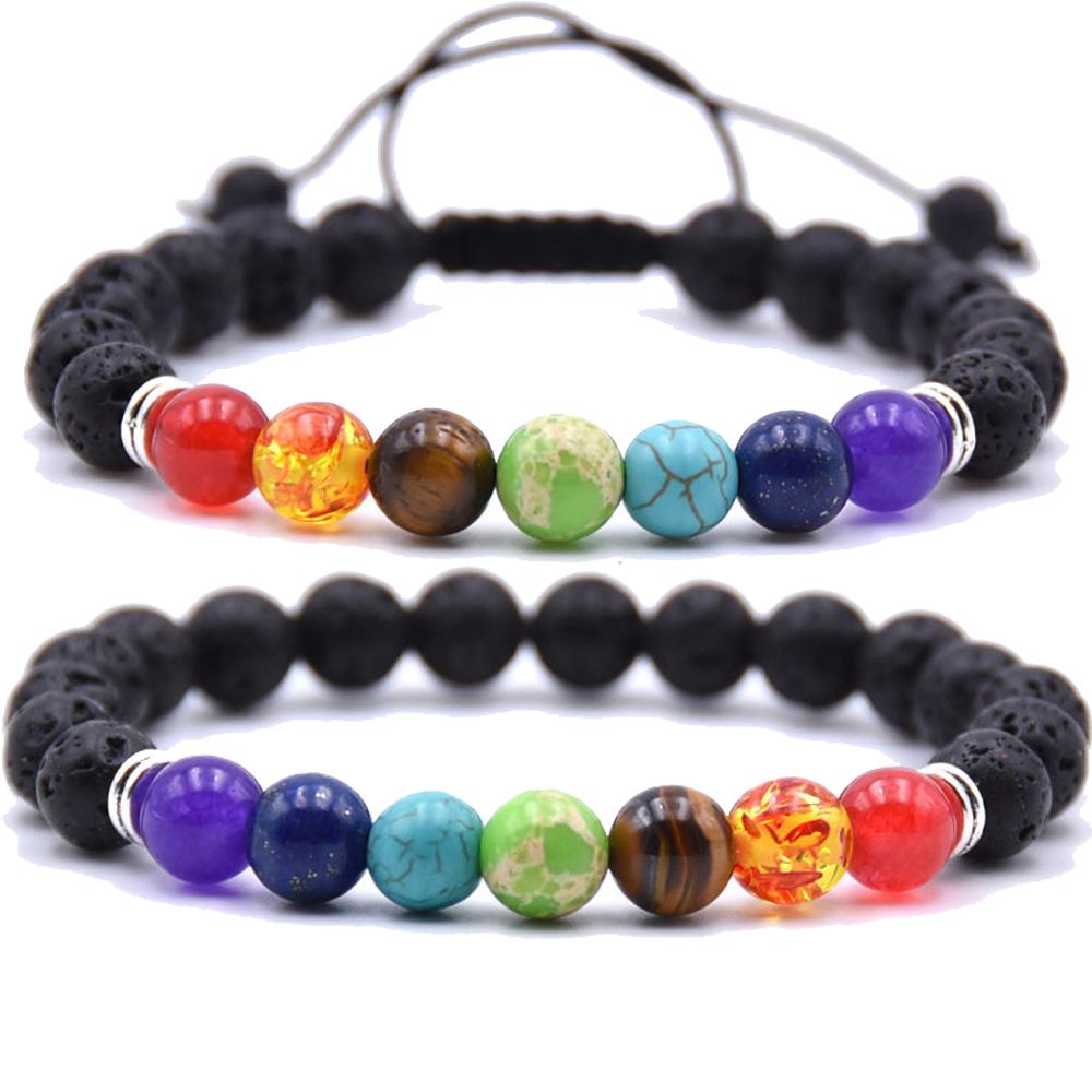 2PC Lava Rock Bracelet Set For Men Women Essential Oils Diffuser Natural Stone Bead Chain Bangle 7 Chakra Handmade Jewelry