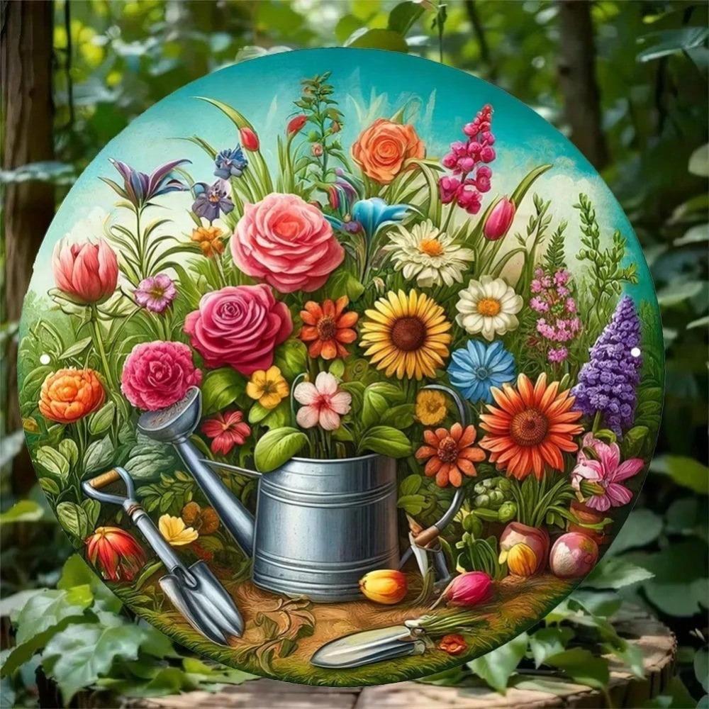 Vintage Floral Metal Sign Round Wall Art for Home Garden Indoor Outdoor Decor
