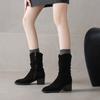 Krazing Pot Cow Suede Nubuck Round Toe Thick Heels Western Boots Size 42 Slip on Women Pleated Decoration Mid-calf Boots