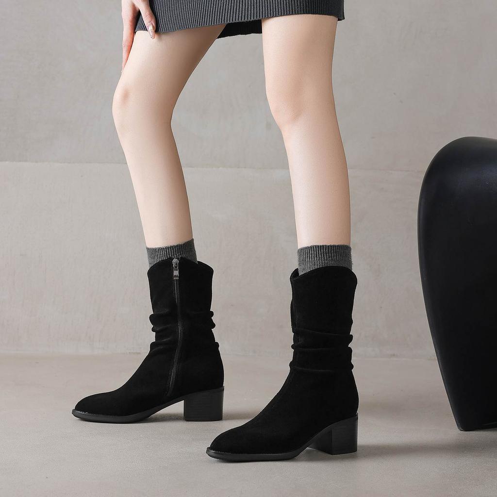 Krazing Pot Cow Suede Nubuck Round Toe Thick Heels Western Boots Size 42 Slip on Women Pleated Decoration Mid-calf Boots