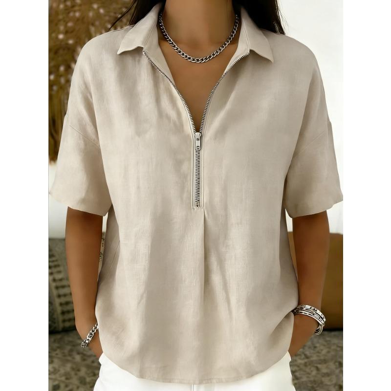 Womens Solid Color Turn Down Collar Half Zip Short Sleeve Casual Blouse