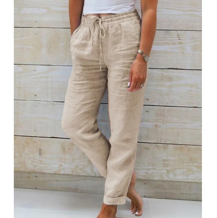 Ladies' high waisted elastic waisted solid color cotton and linen casual pants