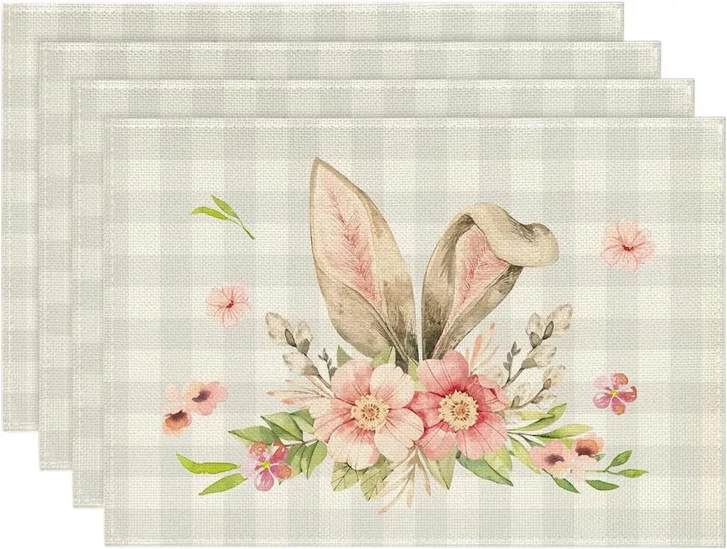 1PC Easter Placemats Buffalo Plaid, Bunny Ear Foot, Flower,Seasonal Table Mats for Party, Kitchen, Dining Decor