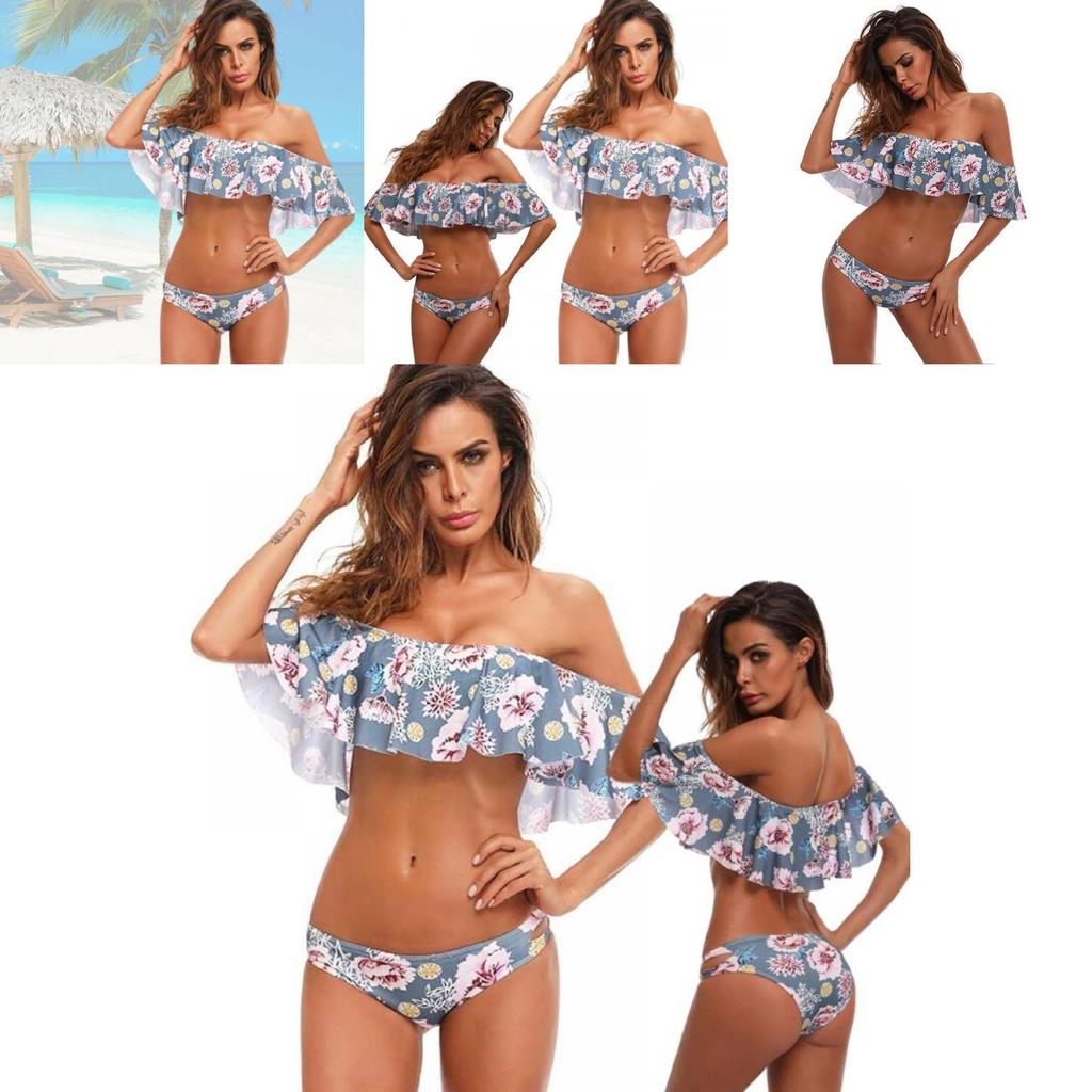 Sexy schulterfreier Bikini mit Rüschenkanten und floralen Akzenten Hochwertiges Polyester-Material
