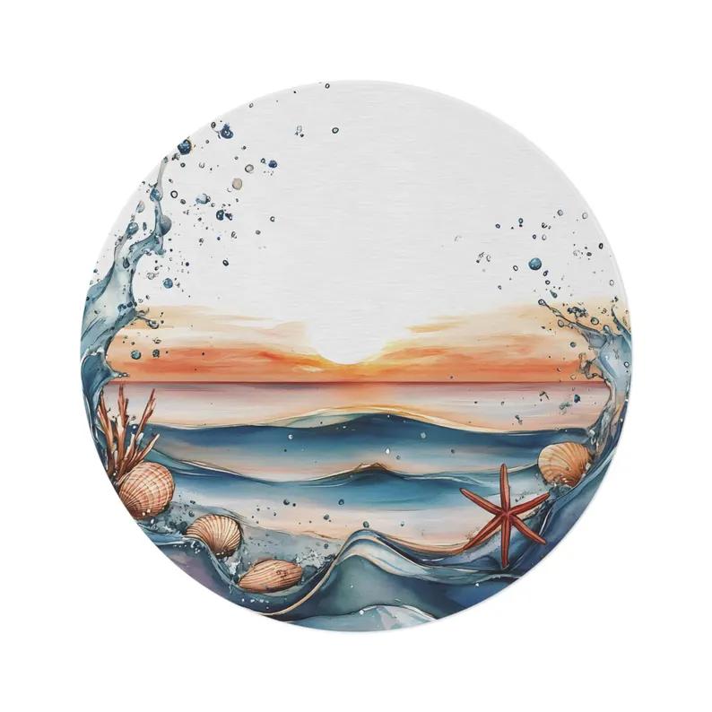 Ocean Wave Round Rug Starfish Beach Carpet Coastal Nautical Round Floor Rug Sea Shell Marine Decor Visual 3D Ocean Wave Decor