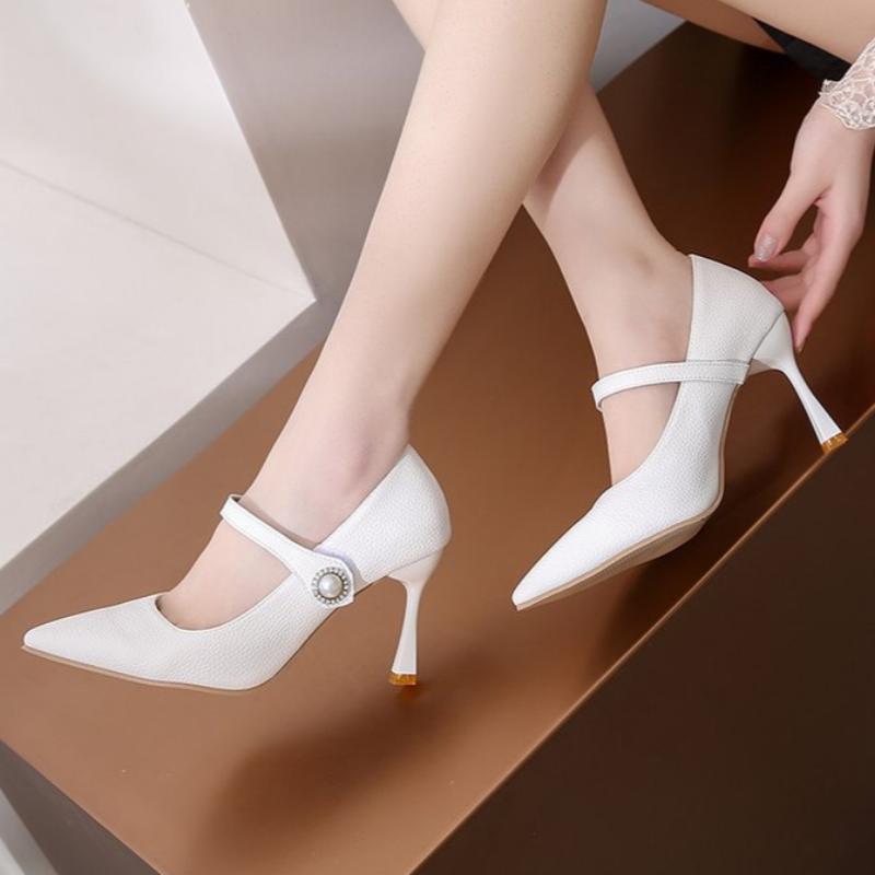 Spring and Summer Women's Casual High-heeled Shoes Leather Shoes Temperament Comfortable Wear-resistant High Heels