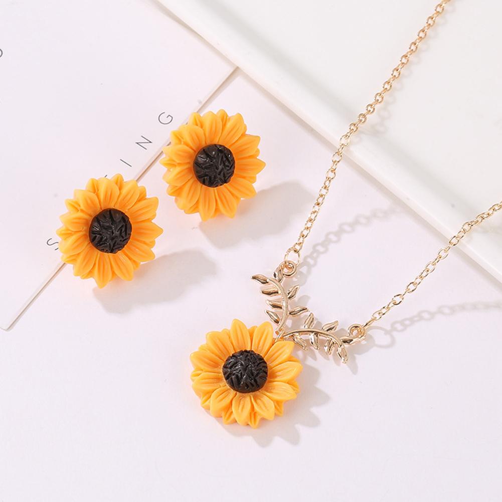 2pcs/set Women Fashion Sunflower Design Necklace Earring Jewelry set