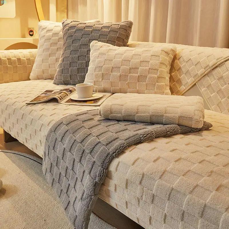 Simple Style Plush Sofa Cushion Nordic Non-Slip Cushion Backrest Cover Towel Furniture Protector for Bedroom Living Room