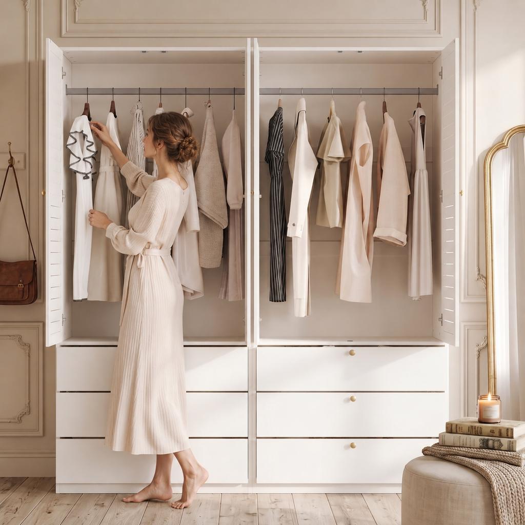 Kleiderschrank mit 4 Türen, elegante Lamellentüren, weiß, 180 x 50 x 200 cm, mit 2 Kleiderstangen, mit 6 Schubladen, geeignet für Schlafzimmer, Kinderzimmer