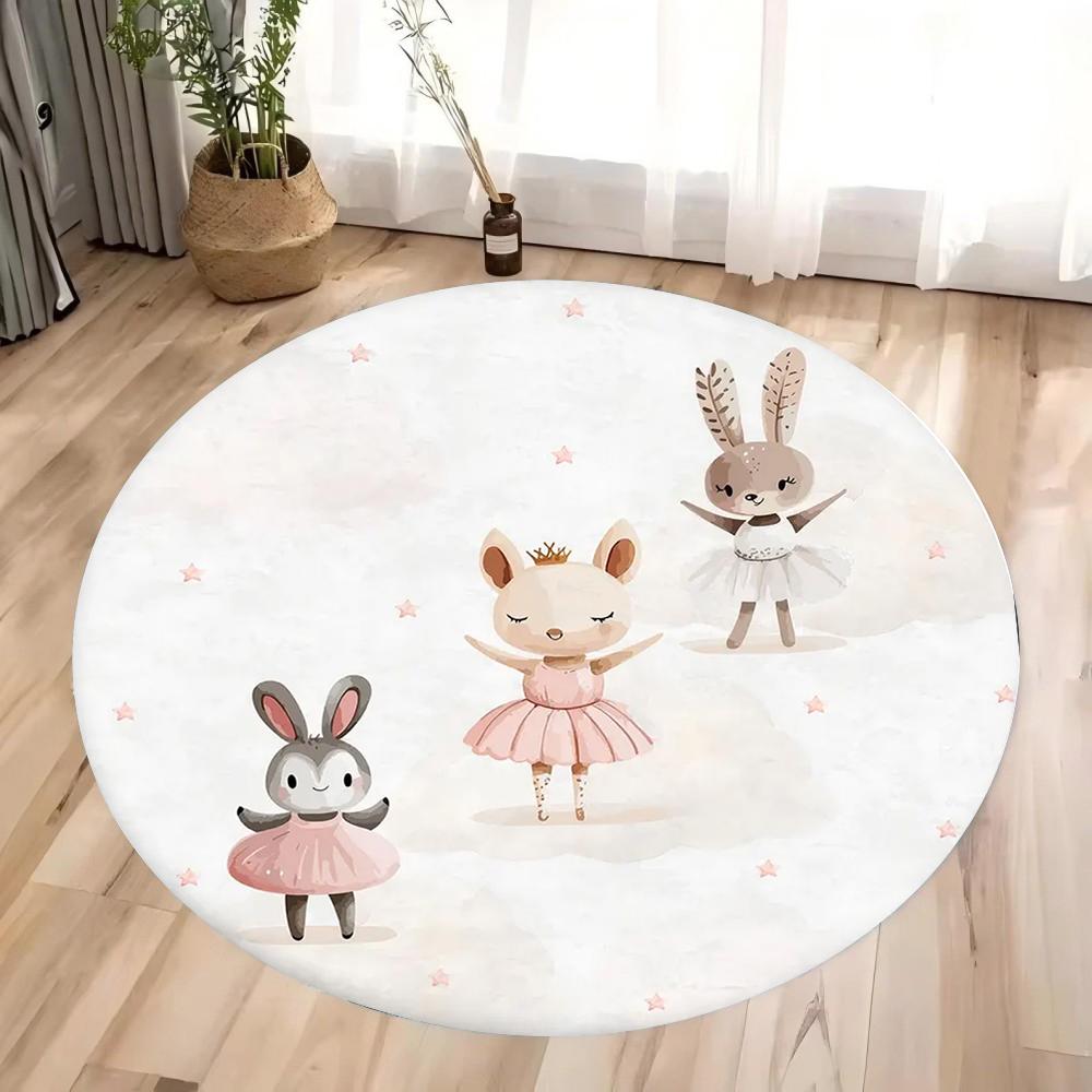 Ballet Rabbit Print Round Carpet for Home Living Room Decor Bedroom Sofa Floor Decoration Rug Non-slip Washable Circle Area Mat