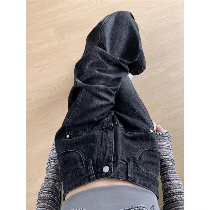 Women's Plus Velvet Thickened High Waist Wide Leg Jeans - Black Gray, Slimming, Straight, Floor Length.