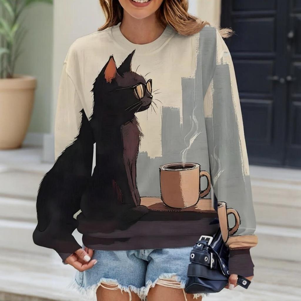 Loose Women's Long Sleeve T Shirt Autumn T-shirt Tops Cartoon Animal Printing Cat Pattern Fashion OverSize Women's Clothing