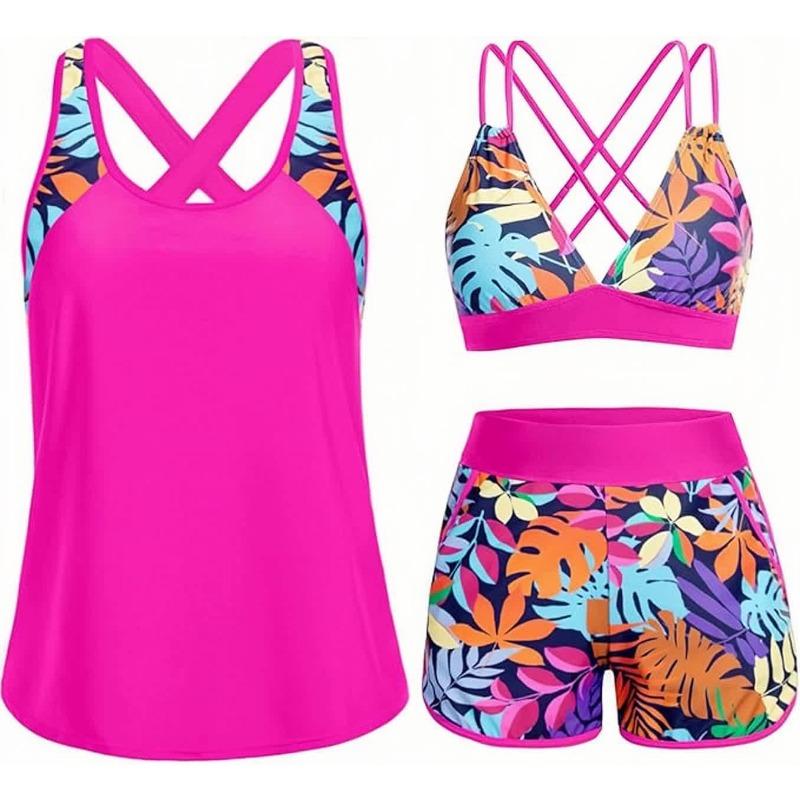 Costume da Bagno Intero a Tre Pezzi da Donna con Tasche Design Incrociato Bellissimo Dorso Bikini Boxer Costume da Bagno Sportivo