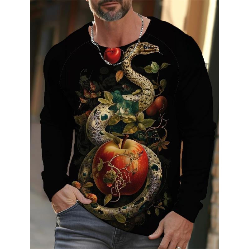 Spring and Autumn Round Neck 3D Snake Pattern Printed Top Fashionable Casual Long Sleeved Men's T-shirts